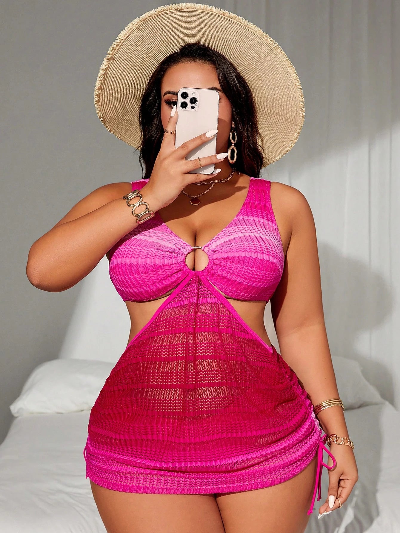Swim SXY 2pcs/Set Women Plus Size Gradient Color Wide Strap Hollow Drawstring Waist Sexy Split Swim Dress Suit, Fashion Resort Wear For Summer Beach Vacation