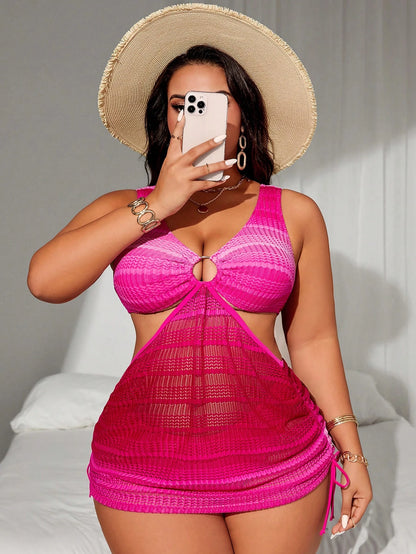 Swim SXY 2pcs/Set Women Plus Size Gradient Color Wide Strap Hollow Drawstring Waist Sexy Split Swim Dress Suit, Fashion Resort Wear For Summer Beach Vacation