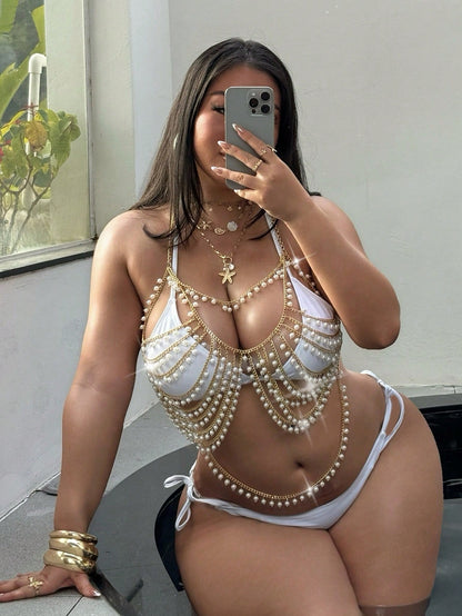 Swim SXY Plus Size Fashionable Sexy Pearl Chain Halter Neck Cover Up