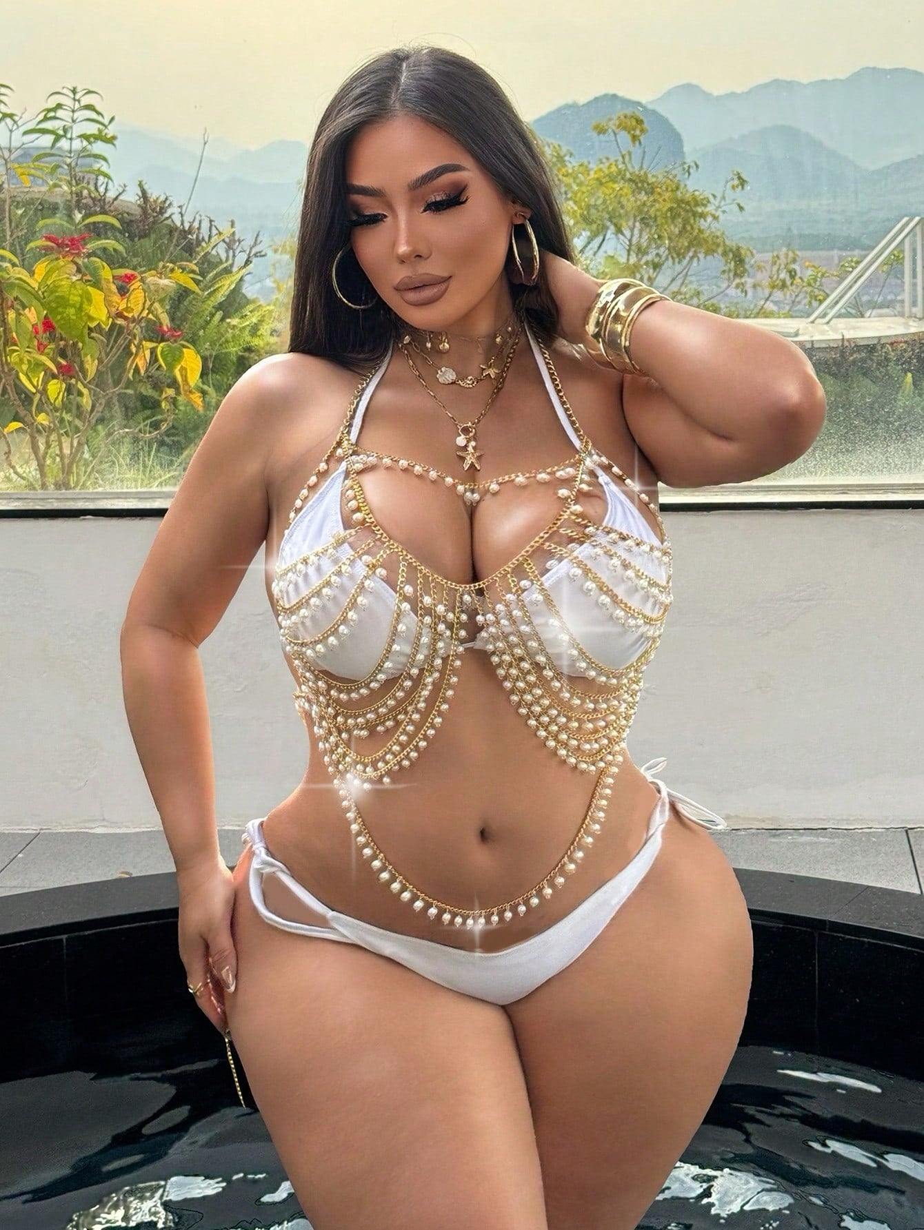 Swim SXY Plus Size Fashionable Sexy Pearl Chain Halter Neck Cover Up