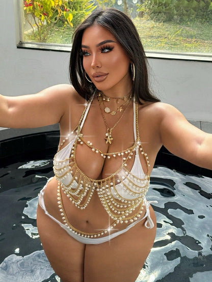 Swim SXY Plus Size Fashionable Sexy Pearl Chain Halter Neck Cover Up
