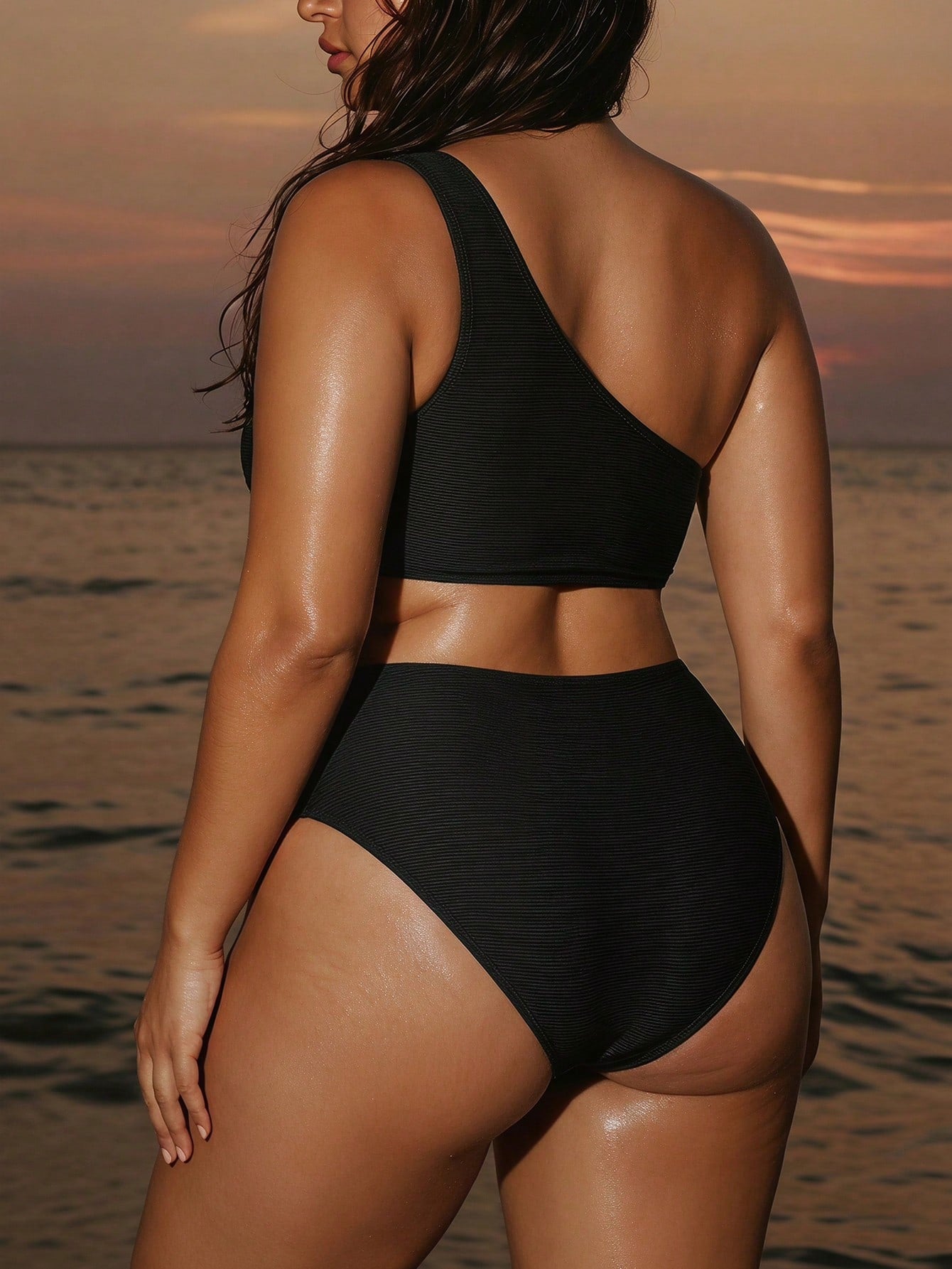 Swim SXY Plus Size Women 2pcs Solid Color One Shoulder Beach Vacation Beach Vacation Vacation Bikini Swimwear Gold Summer Sexy
