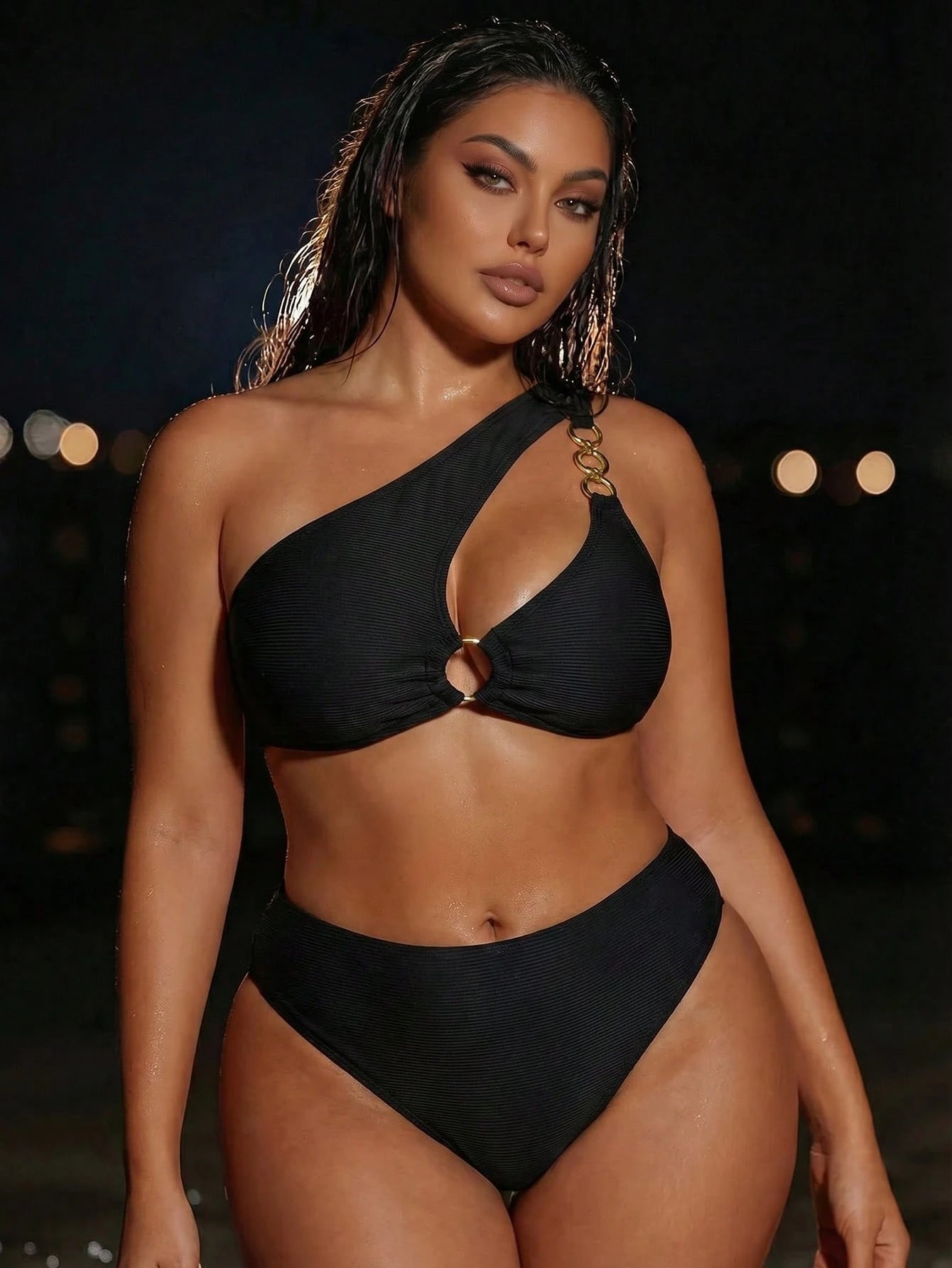 Swim SXY Plus Size Women 2pcs Solid Color One Shoulder Beach Vacation Beach Vacation Vacation Bikini Swimwear Gold Summer Sexy