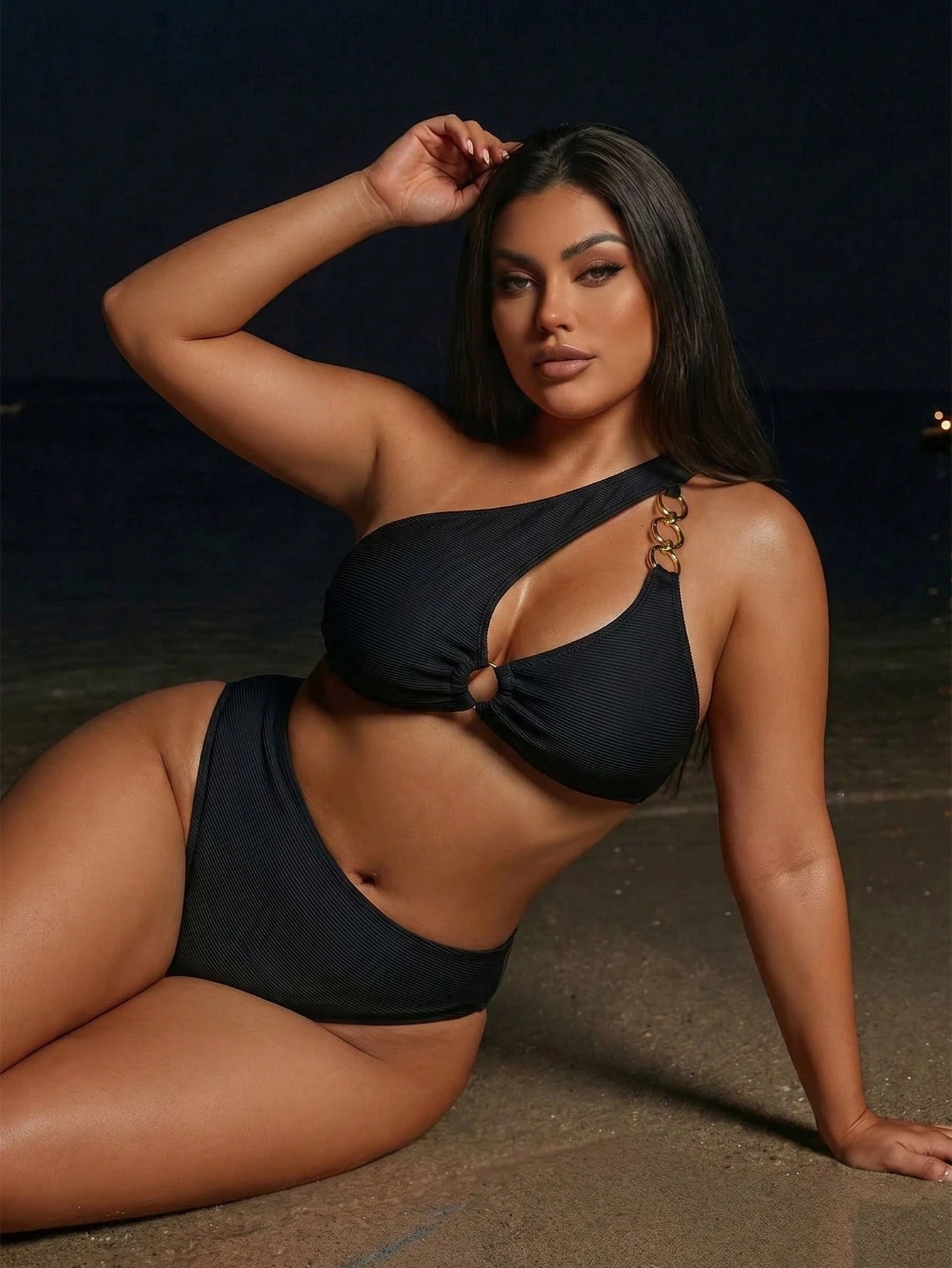Swim SXY Plus Size Women 2pcs Solid Color One Shoulder Beach Vacation Beach Vacation Vacation Bikini Swimwear Gold Summer Sexy