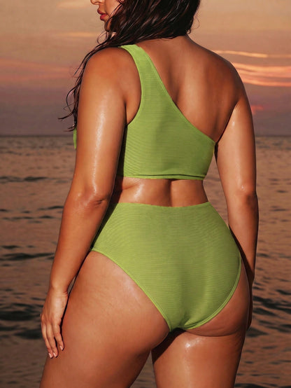 Swim SXY Plus Size Women 2pcs Solid Color One Shoulder Beach Vacation Beach Vacation Vacation Bikini Swimwear Gold Summer Sexy