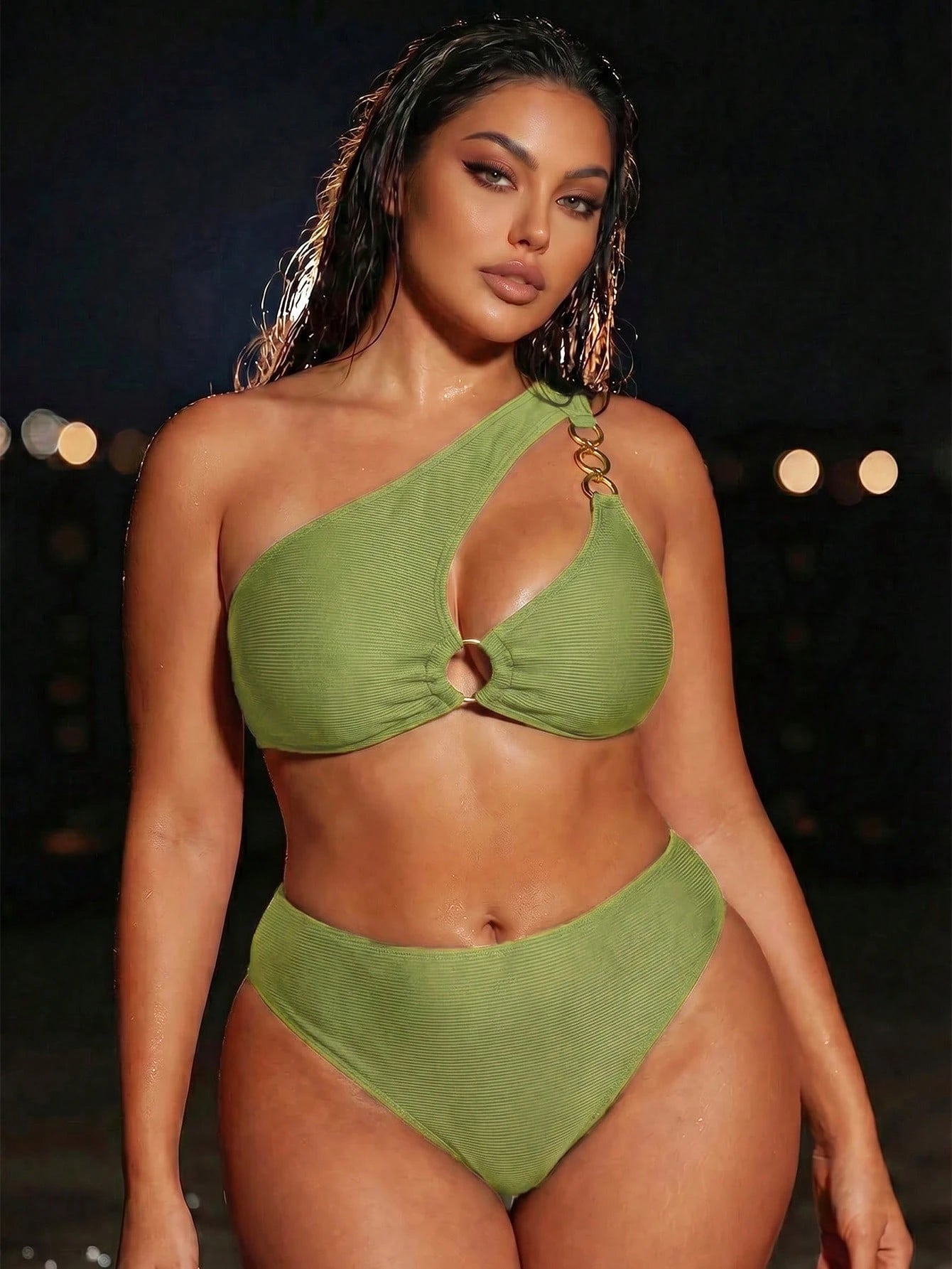 Swim SXY Plus Size Women 2pcs Solid Color One Shoulder Beach Vacation Beach Vacation Vacation Bikini Swimwear Gold Summer Sexy