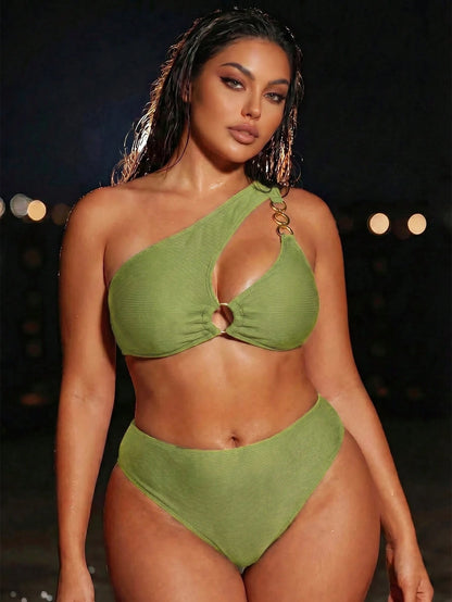 Swim SXY Plus Size Women 2pcs Solid Color One Shoulder Beach Vacation Beach Vacation Vacation Bikini Swimwear Gold Summer Sexy