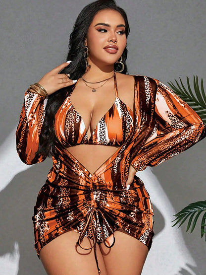 Swim SXY Plus Size Women's Summer Beach Vacation Wedding Contrast Color Halter Tie Sexy Bikini Triangle Panty Swimwear Set Cover-Up Kimono Burnt Orange