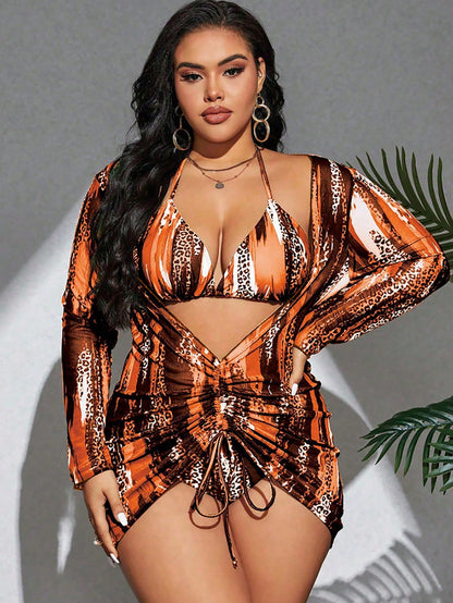 Swim SXY Plus Size Women's Summer Beach Vacation Wedding Contrast Color Halter Tie Sexy Bikini Triangle Panty Swimwear Set Cover-Up Kimono Burnt Orange