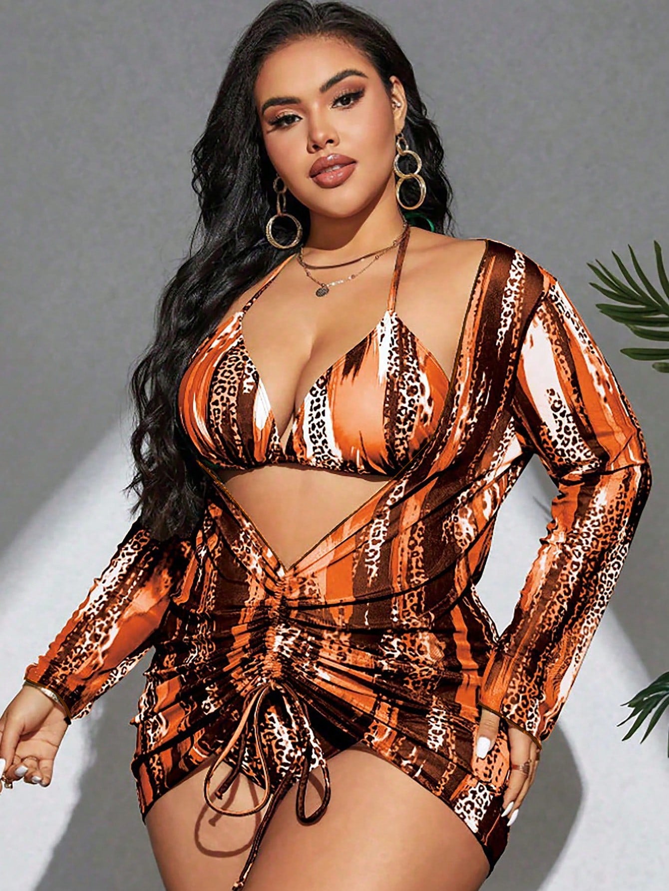 Swim SXY Plus Size Women's Summer Beach Vacation Wedding Contrast Color Halter Tie Sexy Bikini Triangle Panty Swimwear Set Cover-Up Kimono Burnt Orange
