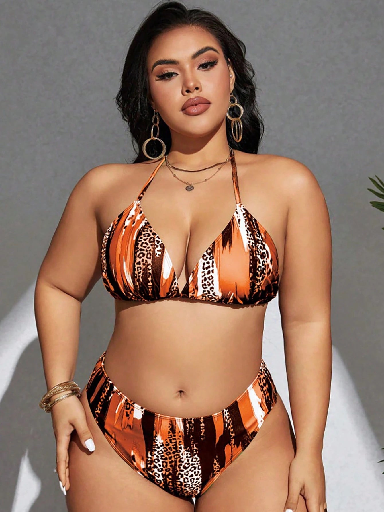 Swim SXY Plus Size Women's Summer Beach Vacation Wedding Contrast Color Halter Tie Sexy Bikini Triangle Panty Swimwear Set Cover-Up Kimono Burnt Orange