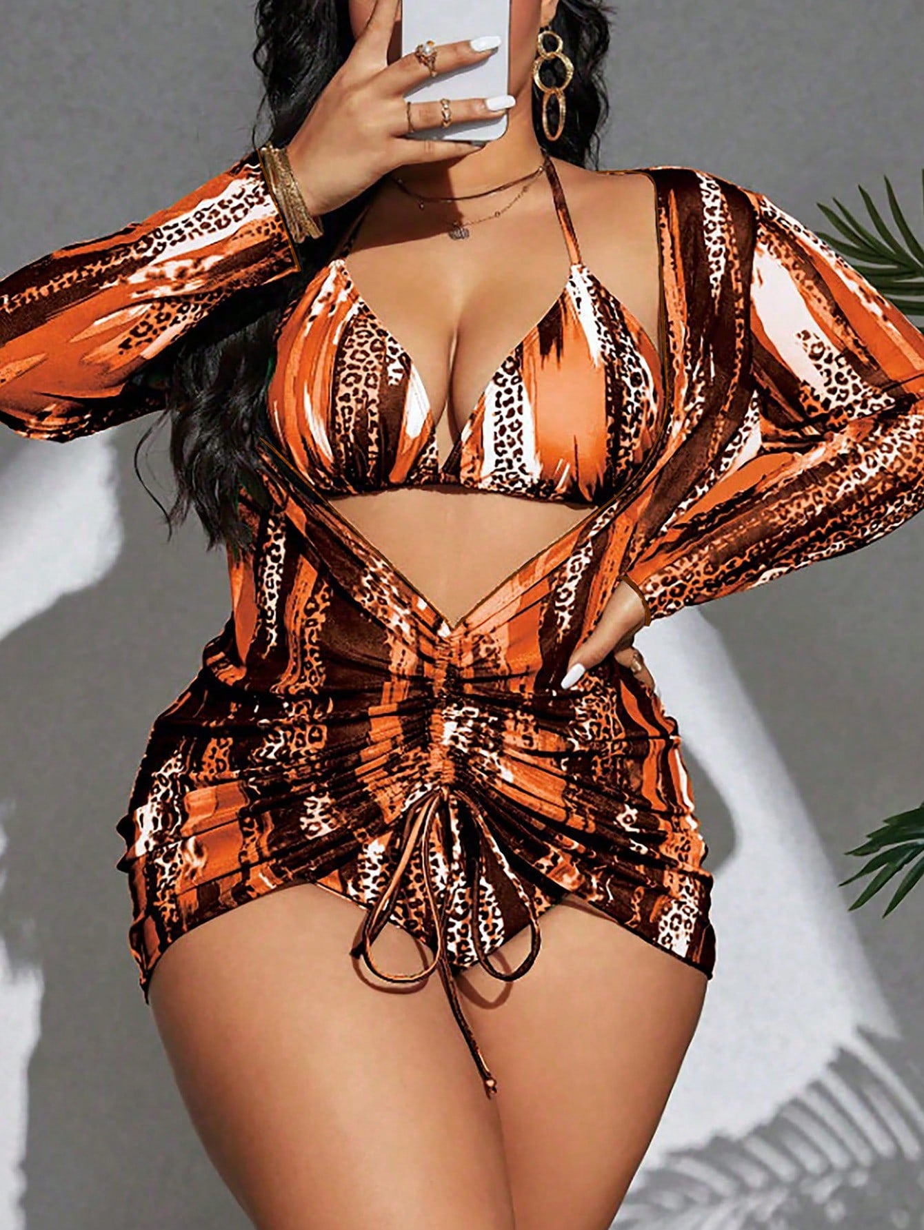 Swim SXY Plus Size Women's Summer Beach Vacation Wedding Contrast Color Halter Tie Sexy Bikini Triangle Panty Swimwear Set Cover-Up Kimono Burnt Orange