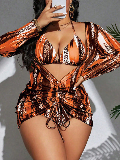 Swim SXY Plus Size Women's Summer Beach Vacation Wedding Contrast Color Halter Tie Sexy Bikini Triangle Panty Swimwear Set Cover-Up Kimono Burnt Orange