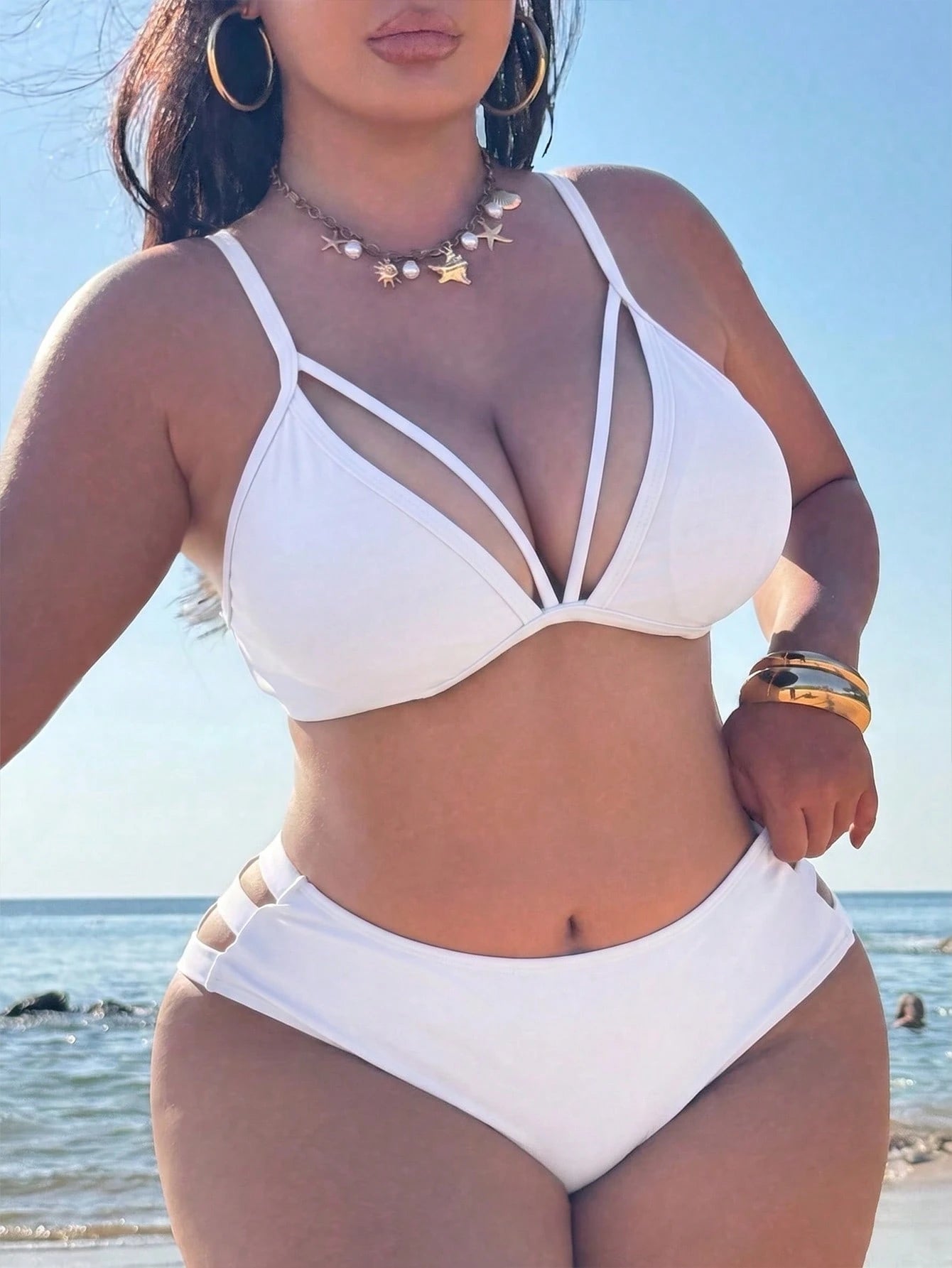 Swim SXY Plus Size Women Solid Color Sexy Bikini Top, Suitable For Beach Wear In Summer White