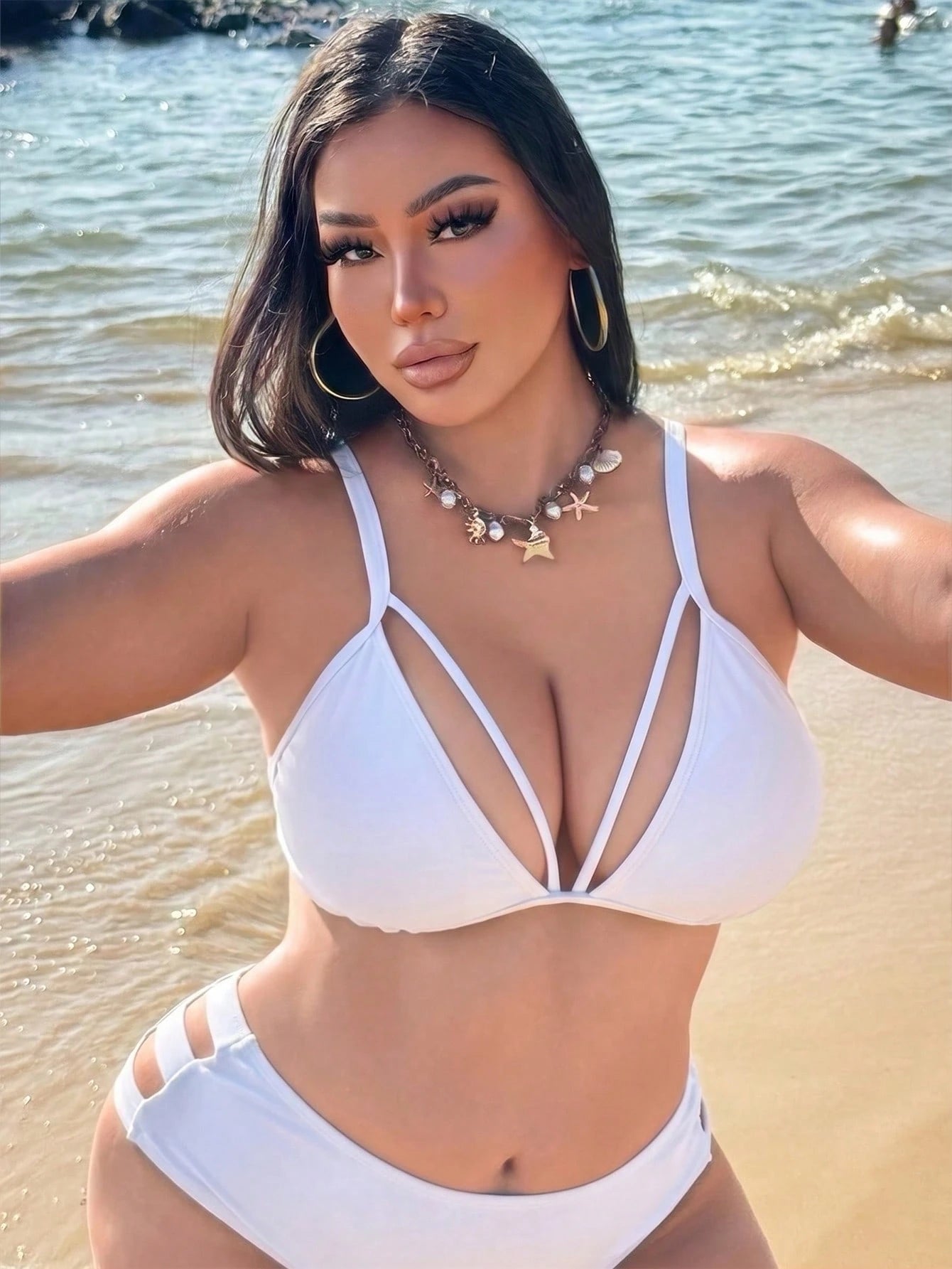 Swim SXY Plus Size Women Solid Color Sexy Bikini Top, Suitable For Beach Wear In Summer White