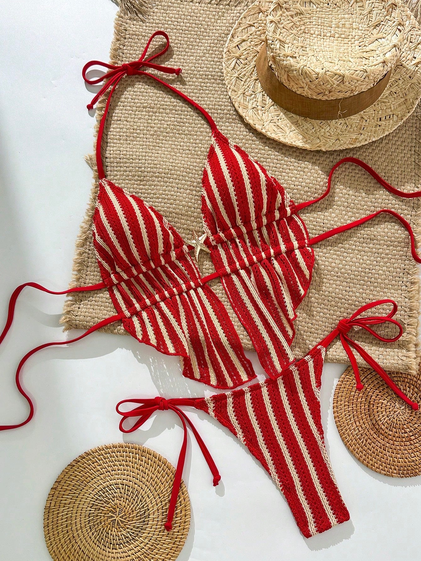 Swim SXY Red Striped Halter Tie Back Bikini Set With Tie Side Bottoms For Women