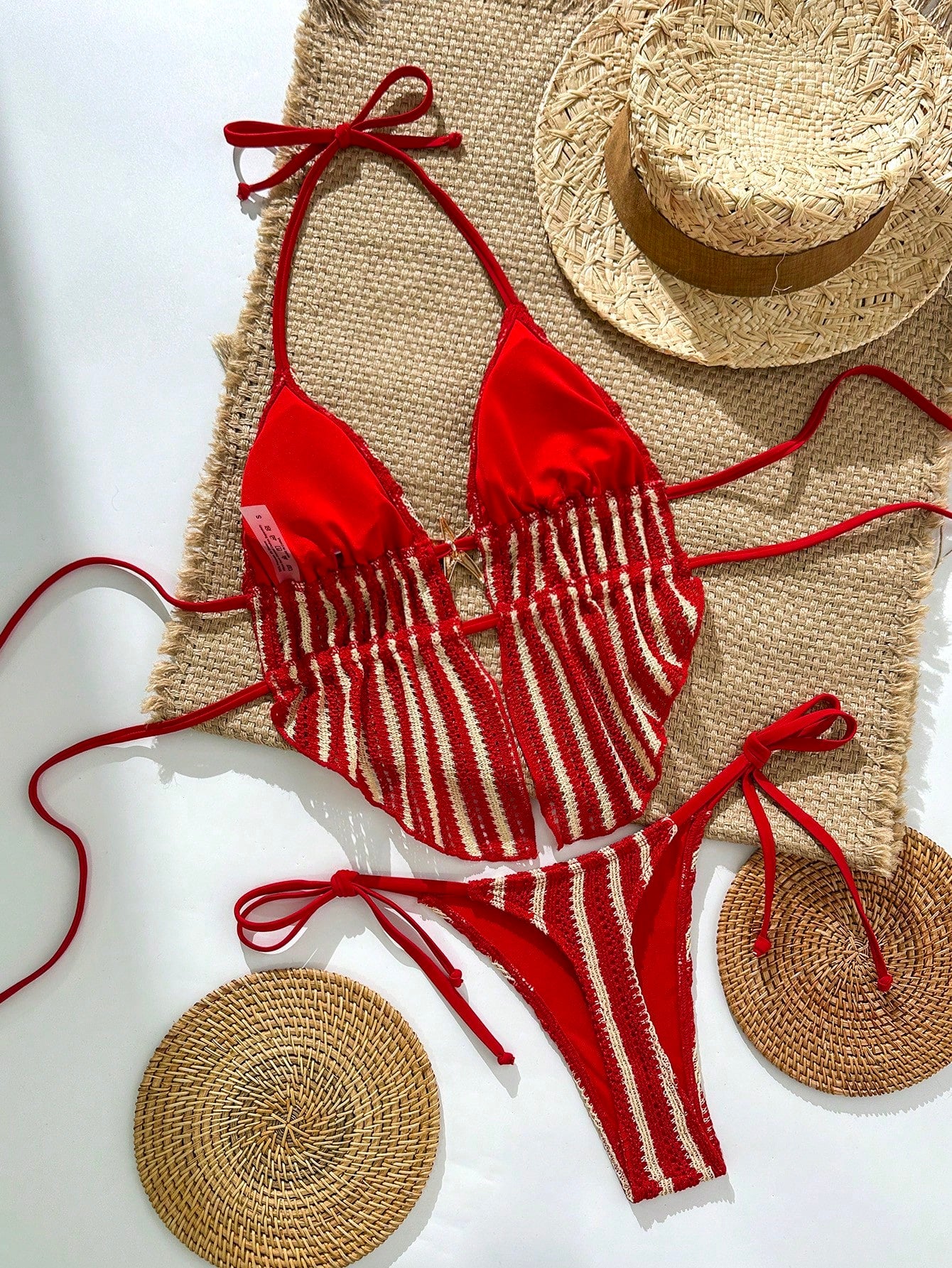 Swim SXY Red Striped Halter Tie Back Bikini Set With Tie Side Bottoms For Women