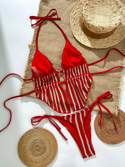 Swim SXY Red Striped Halter Tie Back Bikini Set With Tie Side Bottoms For Women