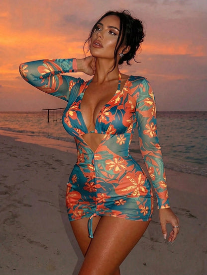 Swim SXY Summer Beach Tropical Print Halter Triangle Bikini Set With Cover Up