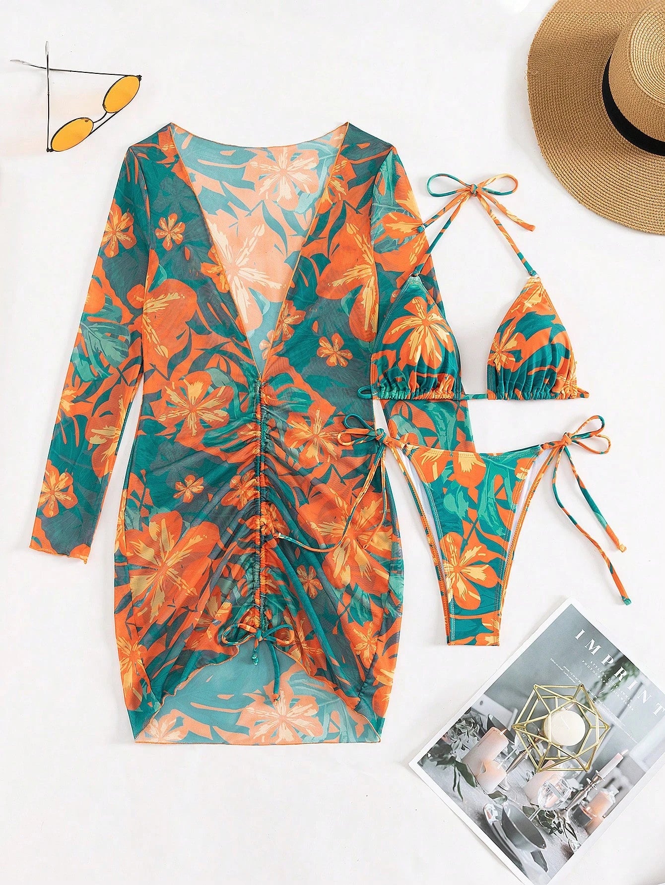 Swim SXY Summer Beach Tropical Print Halter Triangle Bikini Set With Cover Up