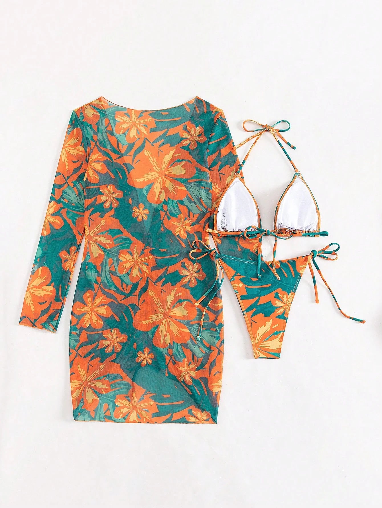 Swim SXY Summer Beach Tropical Print Halter Triangle Bikini Set With Cover Up