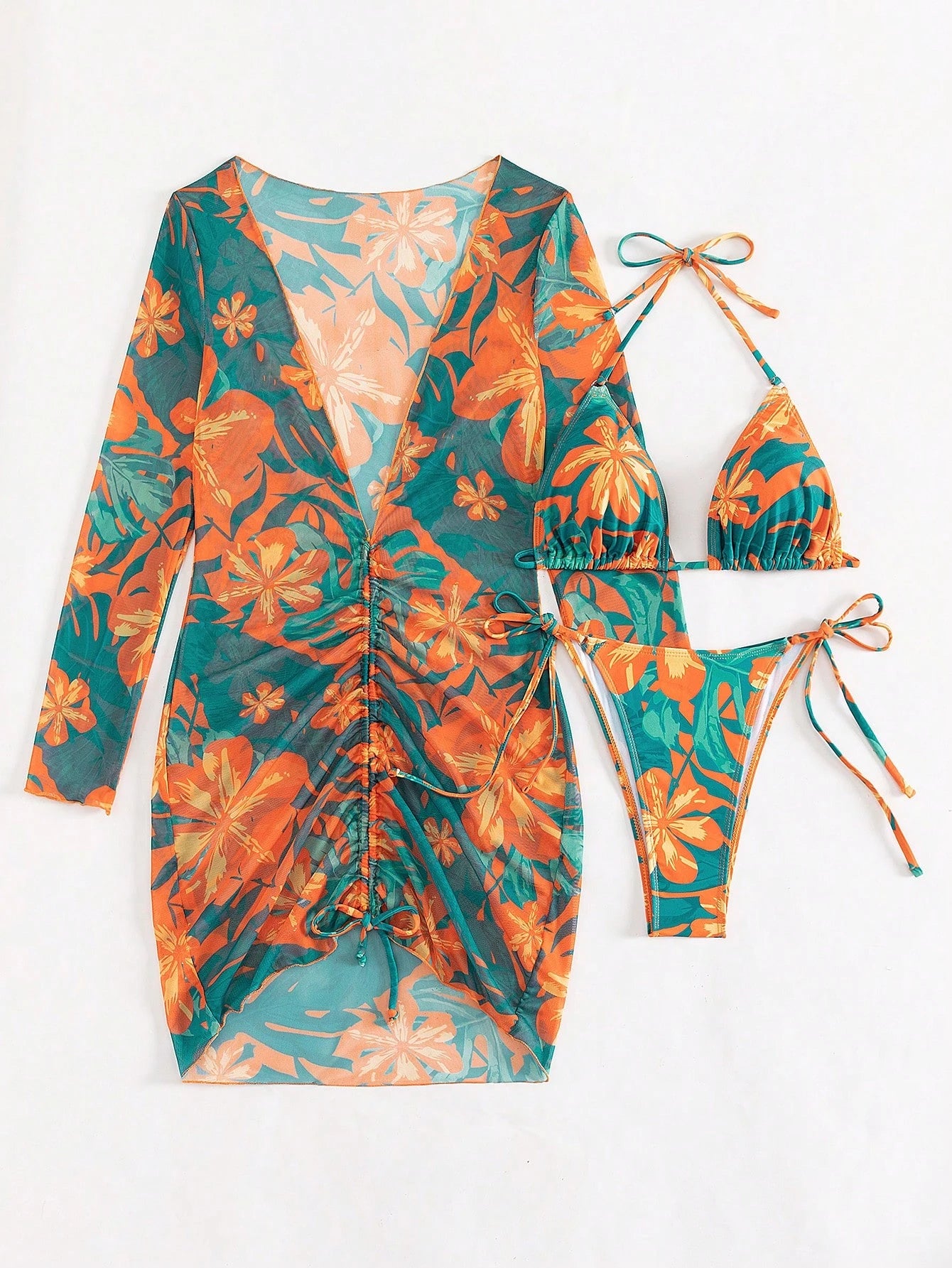 Swim SXY Summer Beach Tropical Print Halter Triangle Bikini Set With Cover Up