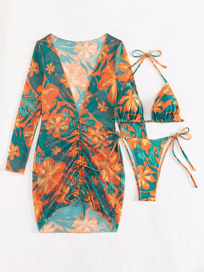 Swim SXY Summer Beach Tropical Print Halter Triangle Bikini Set With Cover Up