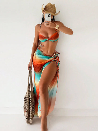 Swim SXY Summer New Women 3pcs Set Ombre Crochet Strapped Spaghetti Strap Bikini Top, Side Tie Swim Bottoms & Beach Cover Up Dress