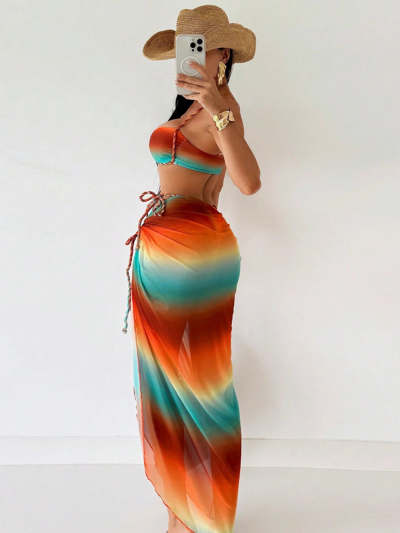 Swim SXY Summer New Women 3pcs Set Ombre Crochet Strapped Spaghetti Strap Bikini Top, Side Tie Swim Bottoms & Beach Cover Up Dress