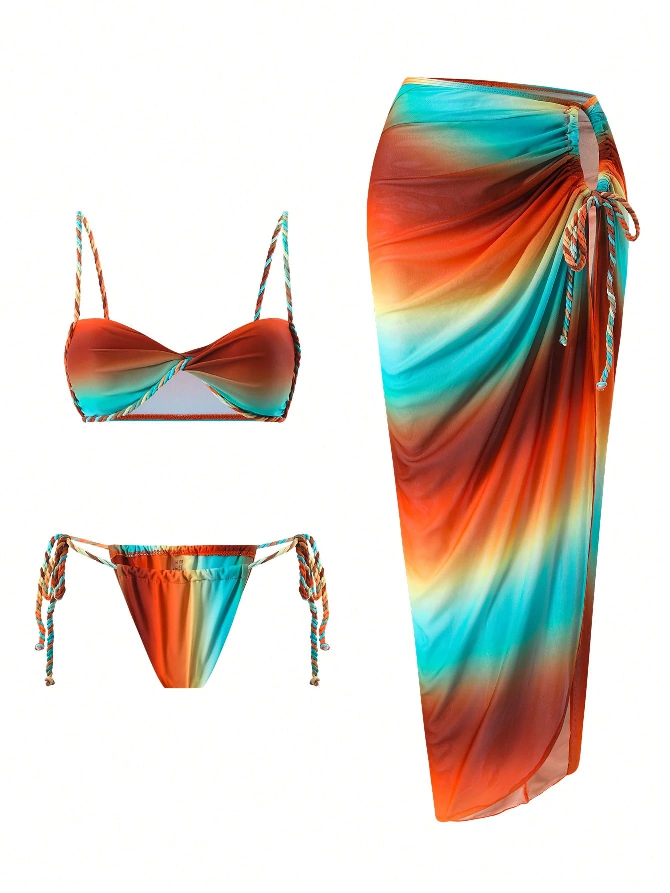 Swim SXY Summer New Women 3pcs Set Ombre Crochet Strapped Spaghetti Strap Bikini Top, Side Tie Swim Bottoms & Beach Cover Up Dress
