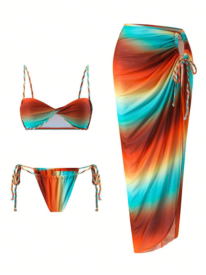 Swim SXY Summer New Women 3pcs Set Ombre Crochet Strapped Spaghetti Strap Bikini Top, Side Tie Swim Bottoms & Beach Cover Up Dress