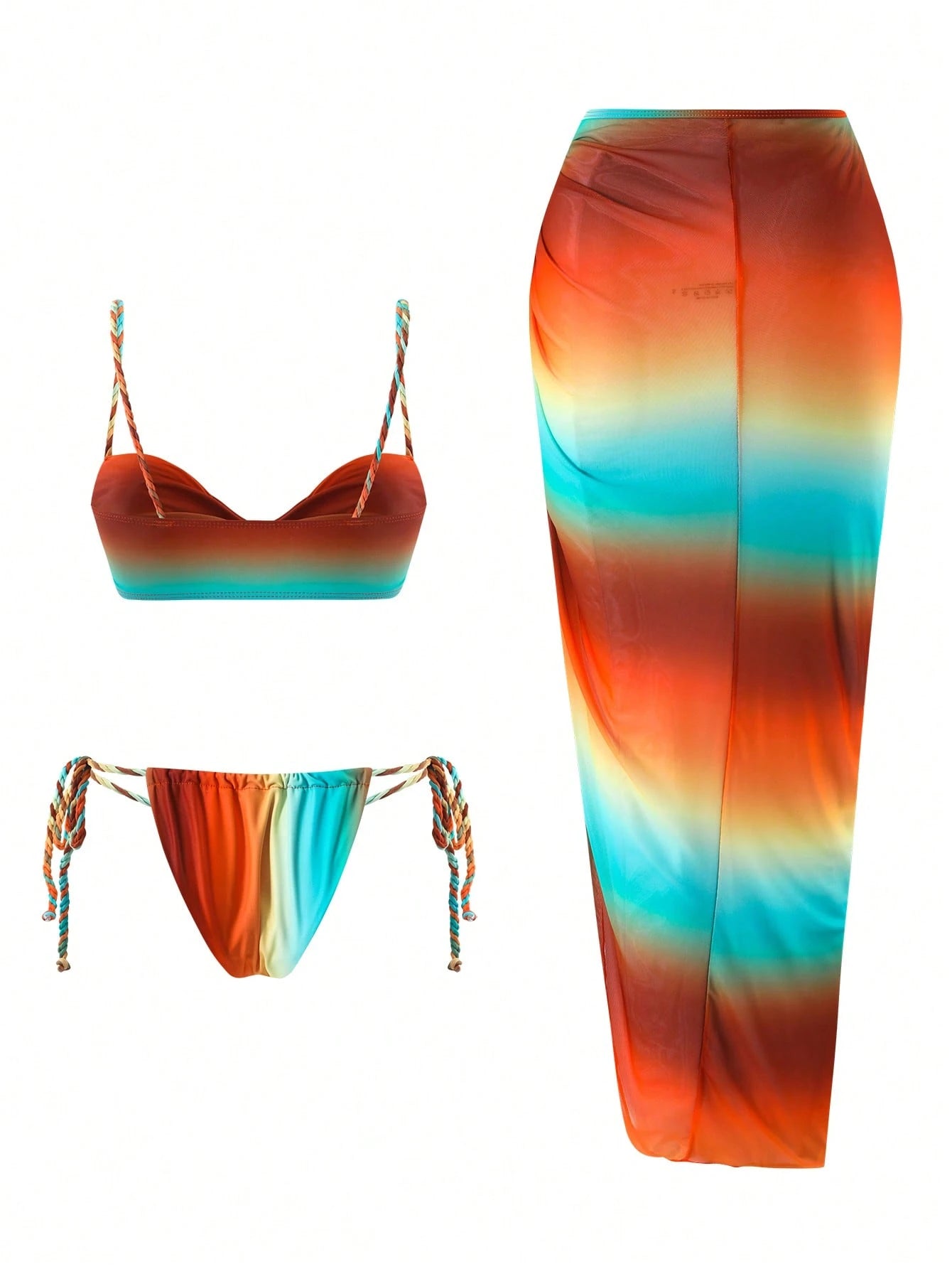 Swim SXY Summer New Women 3pcs Set Ombre Crochet Strapped Spaghetti Strap Bikini Top, Side Tie Swim Bottoms & Beach Cover Up Dress
