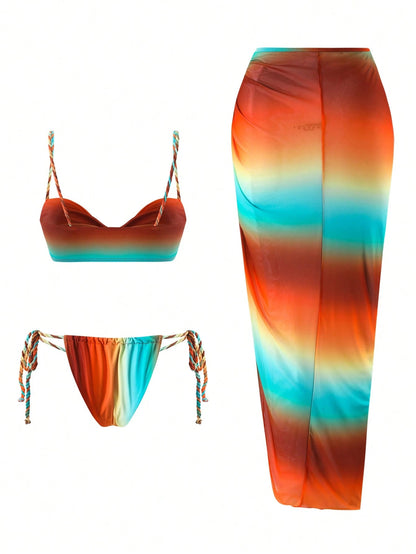Swim SXY Summer New Women 3pcs Set Ombre Crochet Strapped Spaghetti Strap Bikini Top, Side Tie Swim Bottoms & Beach Cover Up Dress