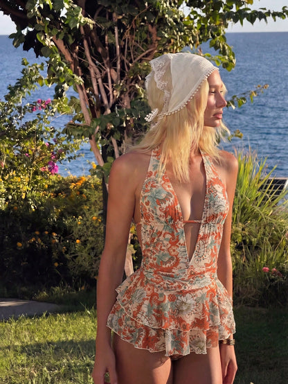 Swim SXY Women's Beige Boho Floral Print Halter Neck Deep V Backless One-Piece Swimsuit, High-End Summer Holiday Vacation Holiday Beach Fashion Swimwear