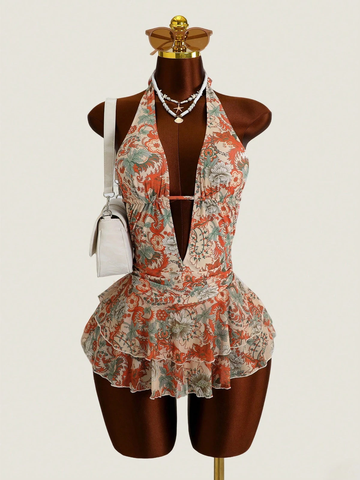 Swim SXY Women's Beige Boho Floral Print Halter Neck Deep V Backless One-Piece Swimsuit, High-End Summer Holiday Vacation Holiday Beach Fashion Swimwear