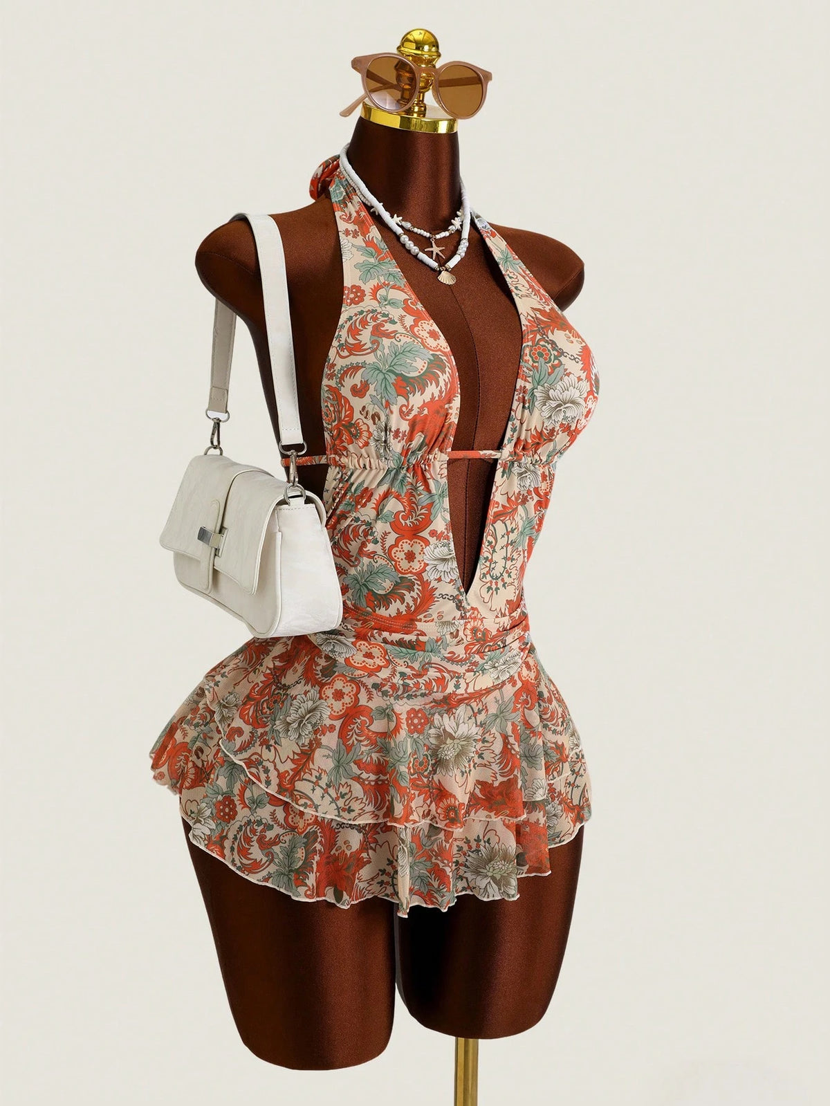 Swim SXY Women's Beige Boho Floral Print Halter Neck Deep V Backless One-Piece Swimsuit, High-End Summer Holiday Vacation Holiday Beach Fashion Swimwear