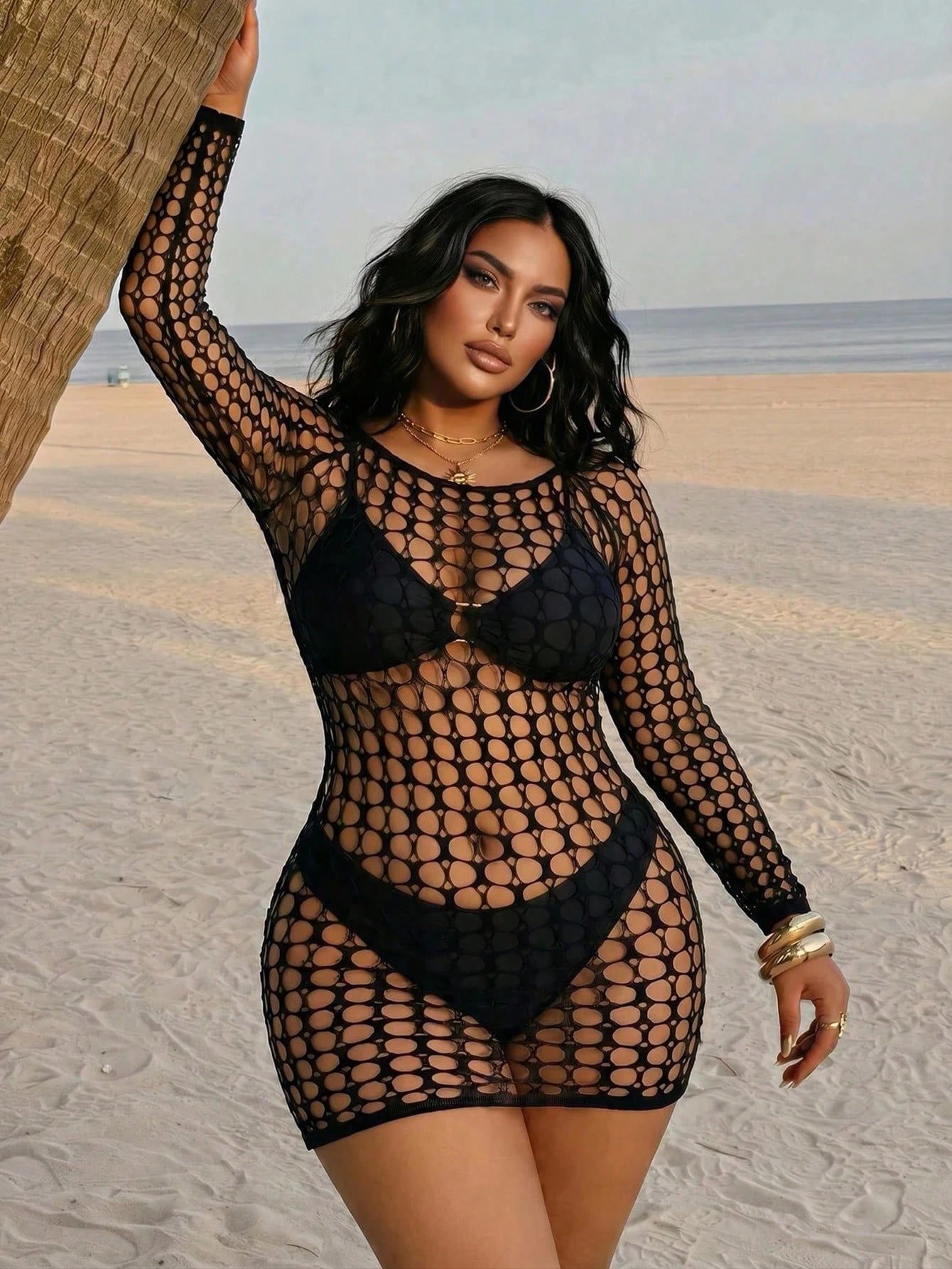 Swim SXY Women's Sexy Hollow-Out Long Sleeve Cover-Up Dress