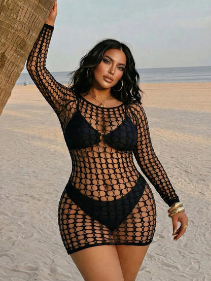 Swim SXY Women's Sexy Hollow-Out Long Sleeve Cover-Up Dress