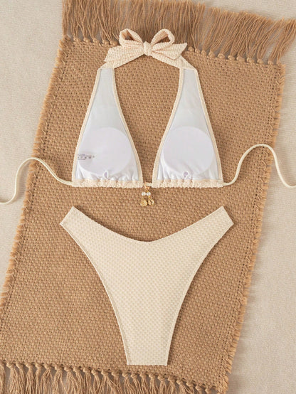 Swim SXY Women's Summer Beach Solid Color Halter Tie Sexy Bikini And Triangle Bottom Two-Piece Swimsuit Set