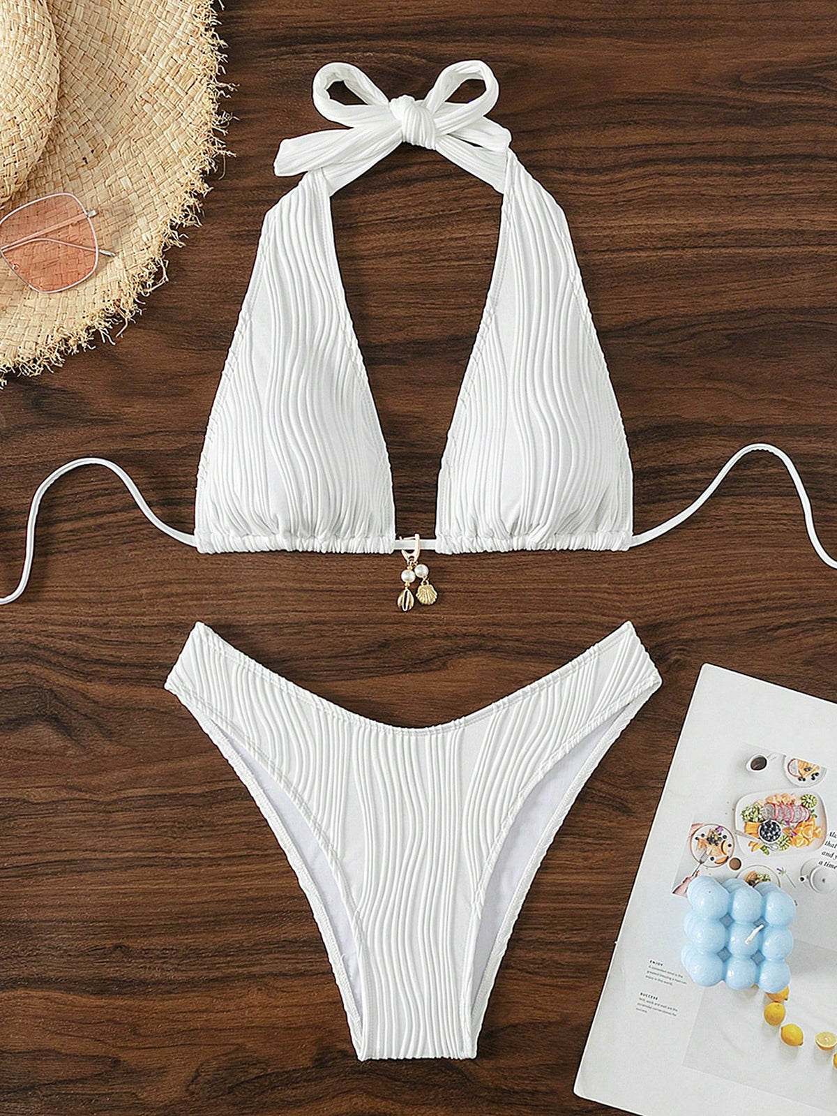 Swim SXY Women's Summer Beach Solid Color Halter Tie Sexy Bikini And Triangle Bottom Two-Piece Swimsuit Set