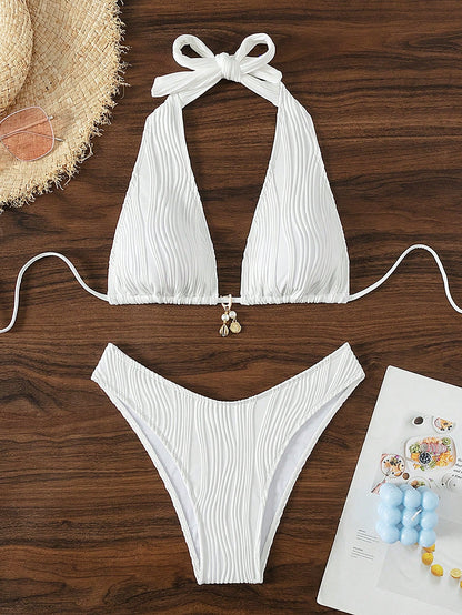 Swim SXY Women's Summer Beach Solid Color Halter Tie Sexy Bikini And Triangle Bottom Two-Piece Swimsuit Set