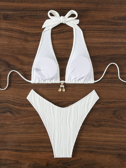 Swim SXY Women's Summer Beach Solid Color Halter Tie Sexy Bikini And Triangle Bottom Two-Piece Swimsuit Set