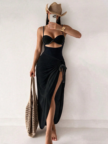 Swim SXY Women's Summer New Beach 2 Pieces Set With One-Piece Top, Gradient Braided Rope Spaghetti Strap, Side Tie Beach Skirt Bikini 3-Piece Set
