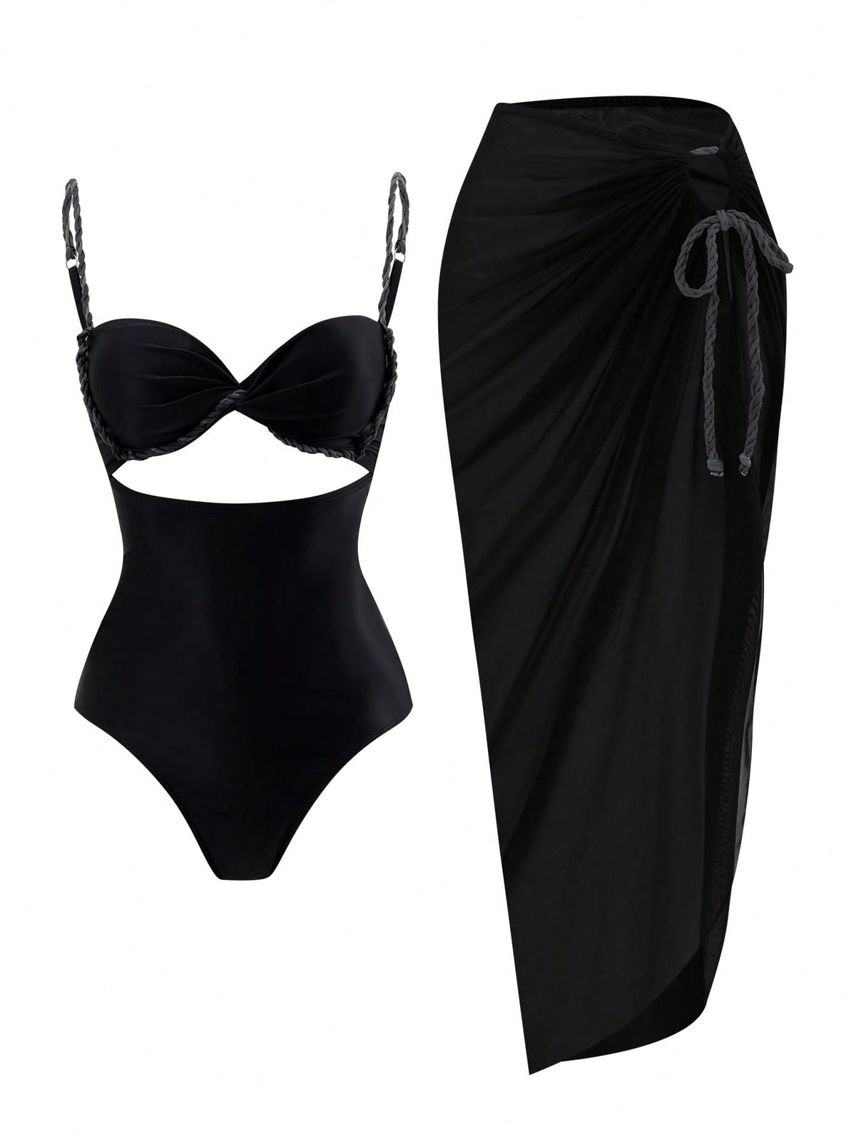Swim SXY Women's Summer New Beach 2 Pieces Set With One-Piece Top, Gradient Braided Rope Spaghetti Strap, Side Tie Beach Skirt Bikini 3-Piece Set