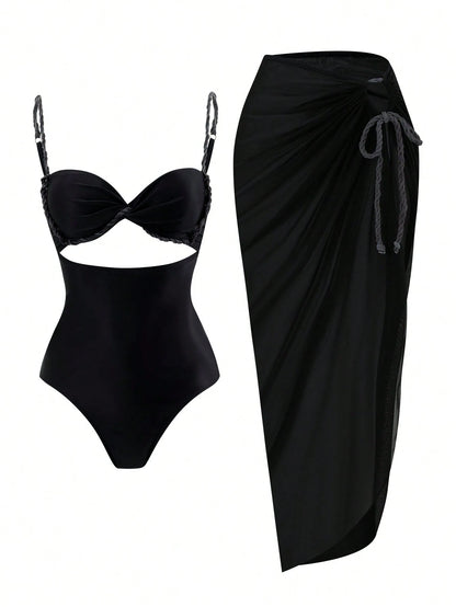 Swim SXY Women's Summer New Beach 2 Pieces Set With One-Piece Top, Gradient Braided Rope Spaghetti Strap, Side Tie Beach Skirt Bikini 3-Piece Set