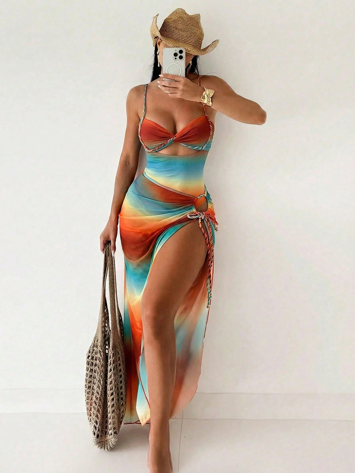Swim SXY Women's Summer New Beach 2 Pieces Set With One-Piece Top, Gradient Braided Rope Spaghetti Strap, Side Tie Beach Skirt Bikini 3-Piece Set