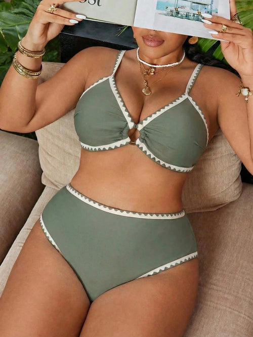 Swim Vcay 2026 New Plus Size Women 2-Piece Contrast Color Floral Elegant Fashion Swimwear Set