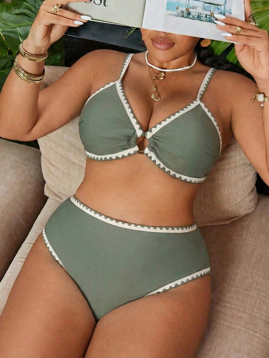 Swim Vcay 2026 New Plus Size Women 2-Piece Contrast Color Floral Elegant Fashion Swimwear Set