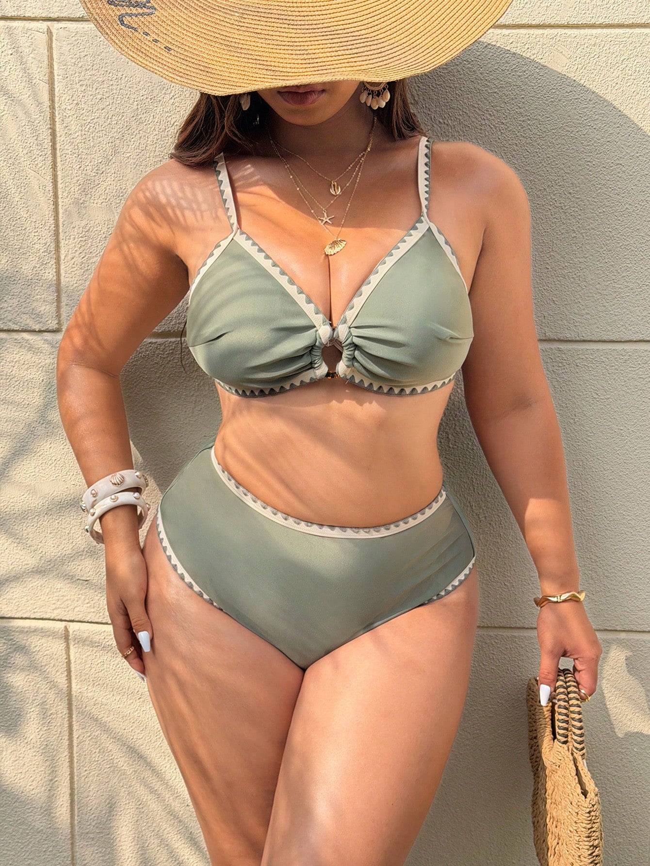Swim Vcay 2026 New Plus Size Women 2-Piece Contrast Color Floral Elegant Fashion Swimwear Set