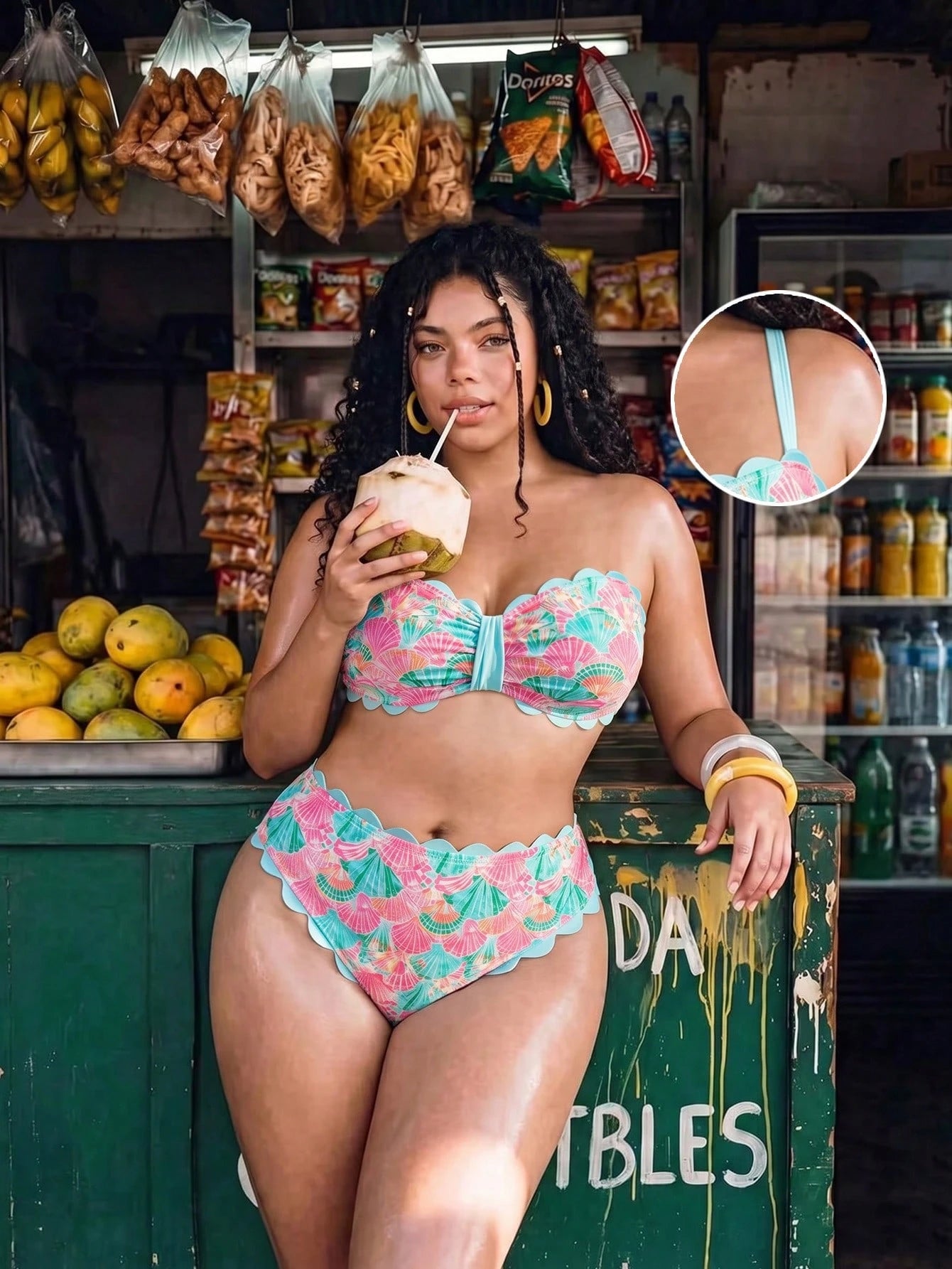 Swim Vcay 2026 New Spring/Summer Plus Size 2-Piece Seashell & Floral Random Print Halter Bikini Set With Detachable Straps, Suitable For Beach & Resort Wear